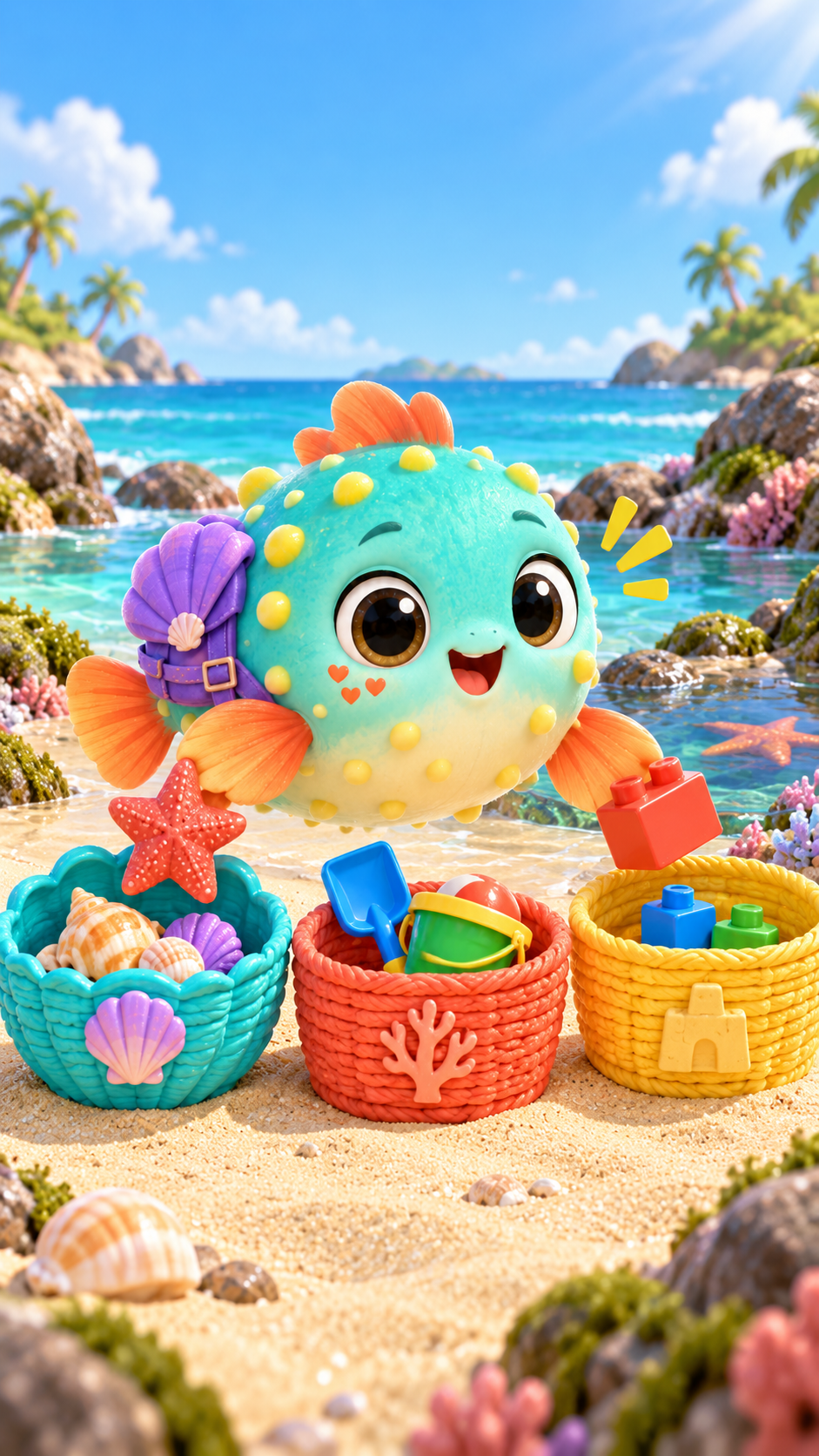 Pebbi sorting toys into baskets