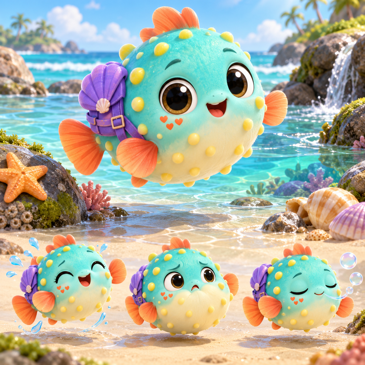Pebbi, a cheerful turquoise pufferfish with coral fins and a purple shell backpack
